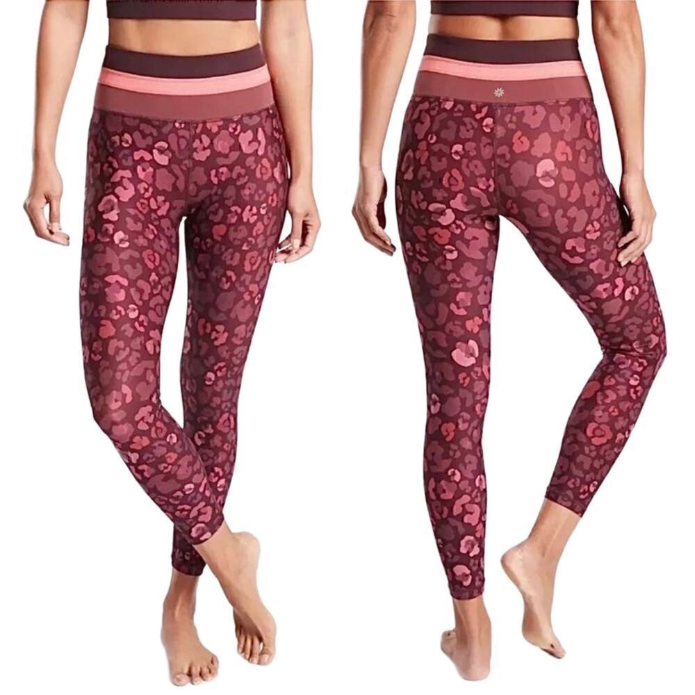 Athleta Leggings Small Elation 7/8 Athletic Tight Burgundy Cheetah Print Pink